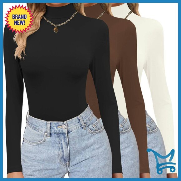 Women's 3 Pack Long Sleeve Mock Turtleneck Tops Thermal Layering - Picture 1 of 8